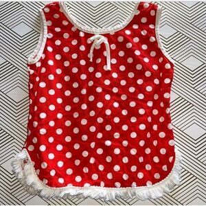 VTG Girls Size 5 Tank Top Polka Dot Red White  Fringe Hem Cotton No Iron *‎